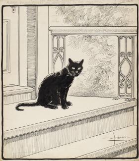 A drawing of a black cat sitting on a porch, signed on the bottom right hand corner, A. Racey